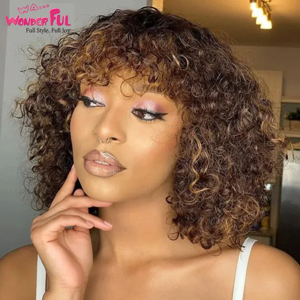 

Highlight Curly Wig With Bangs Human Hair Glueless Short Jerry Curly Bob Wig With Bangs for Women Black Brown Remy Hair No Lace