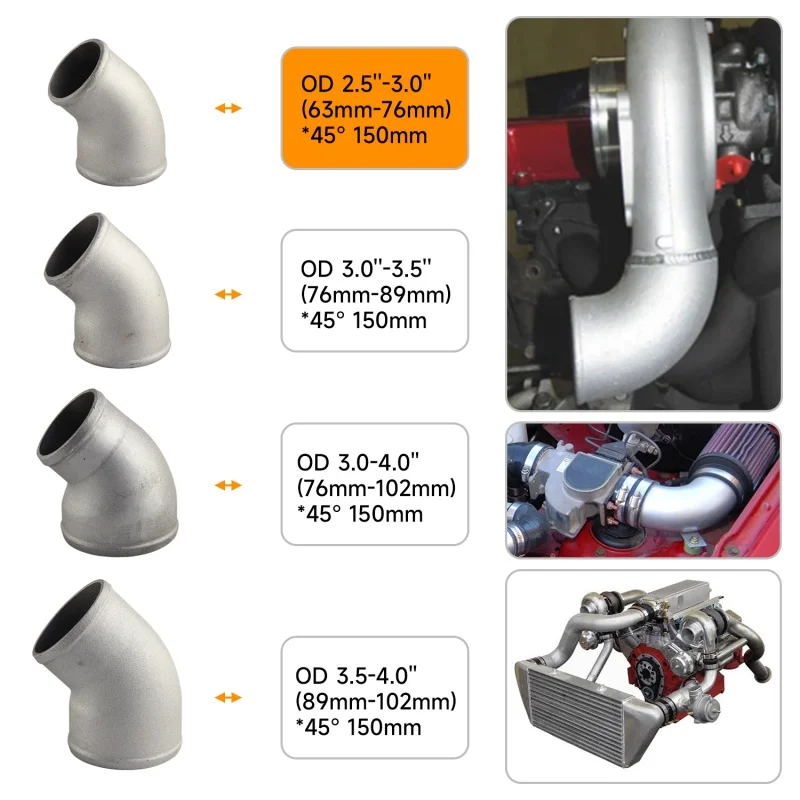 45 Degree Casting Aluminum Reducer Elbows Pipe Tube L=150mm For Universal Intercooler Turbo Throttle  Valves Exhaust Setups.