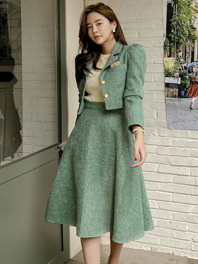 Autumn Elegant OL Green Tweed Two Piece Set Women Ruched Puff Sleeve Short Blazer + High waist A-Line Skirt Suits Office Outfit