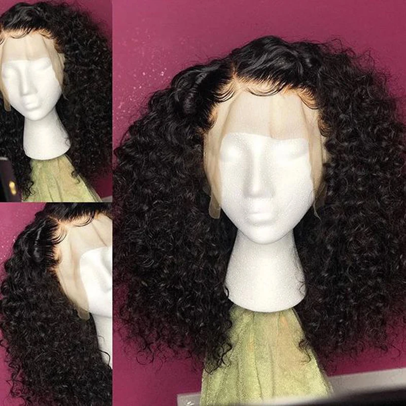 Peruca dianteira do laço longo Kinky Curly para mulheres, preto natural, cabelo do bebê, resistente ao calor, pré-arrancadas, sem cola, diariamente, 26 ", 180 Densidade