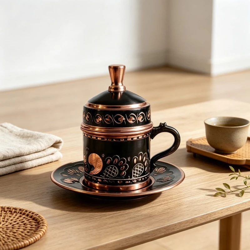Turkish Handcrafted Copper Coffee Mug Set, Antique Black Carved Espresso Cup Gift with Saucer, Royal European Style Drinkware.