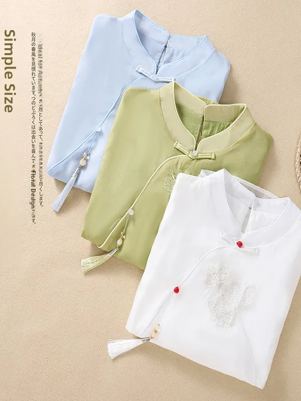 

Elegant Embroidered Chiffon Shirt Spring Summer Versatile National Style Top Women's Business Casual Loose Fit Button Detail