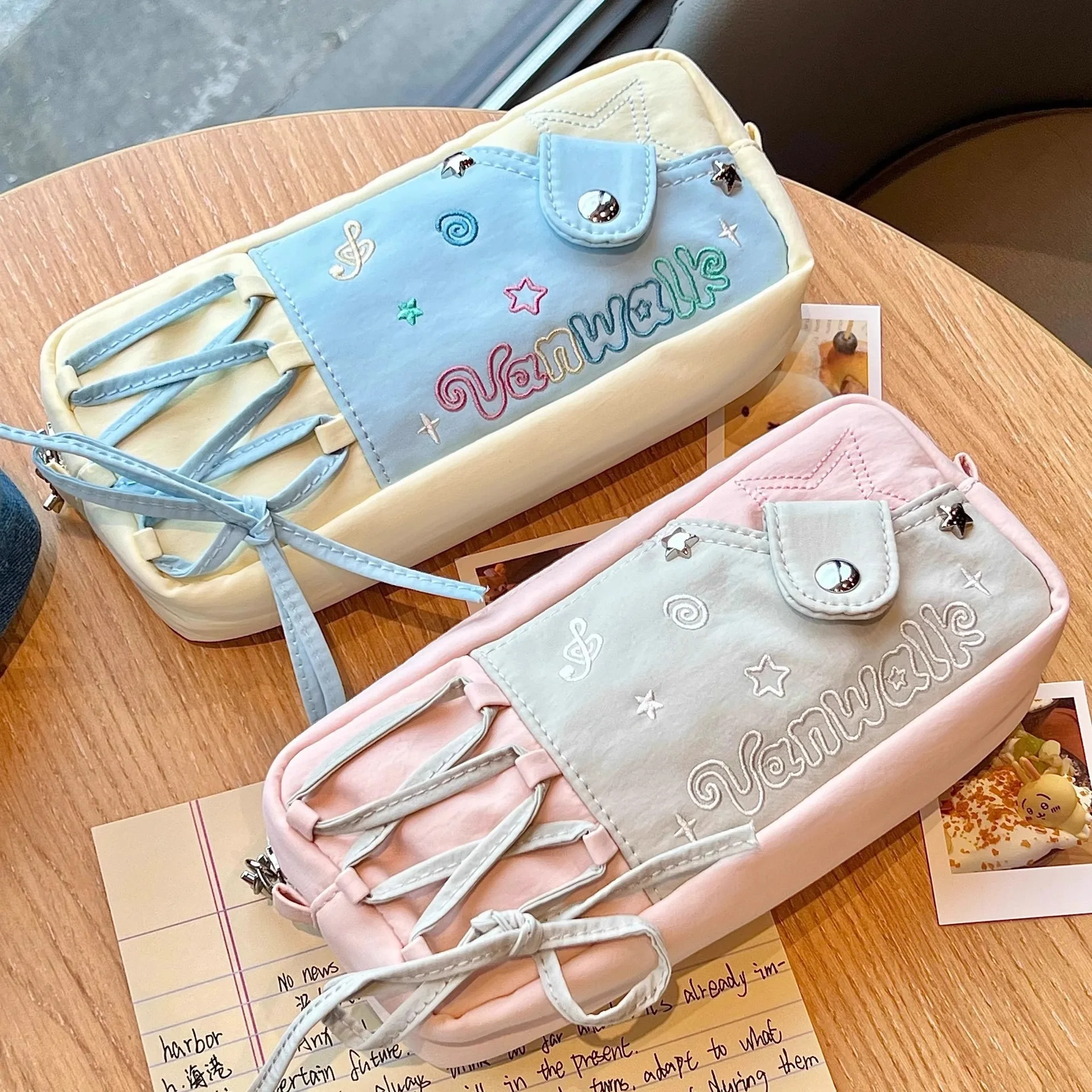 ins cute multi-star music note pencil bag large capacity cute niche student stationery box girls junior high school canvas bag