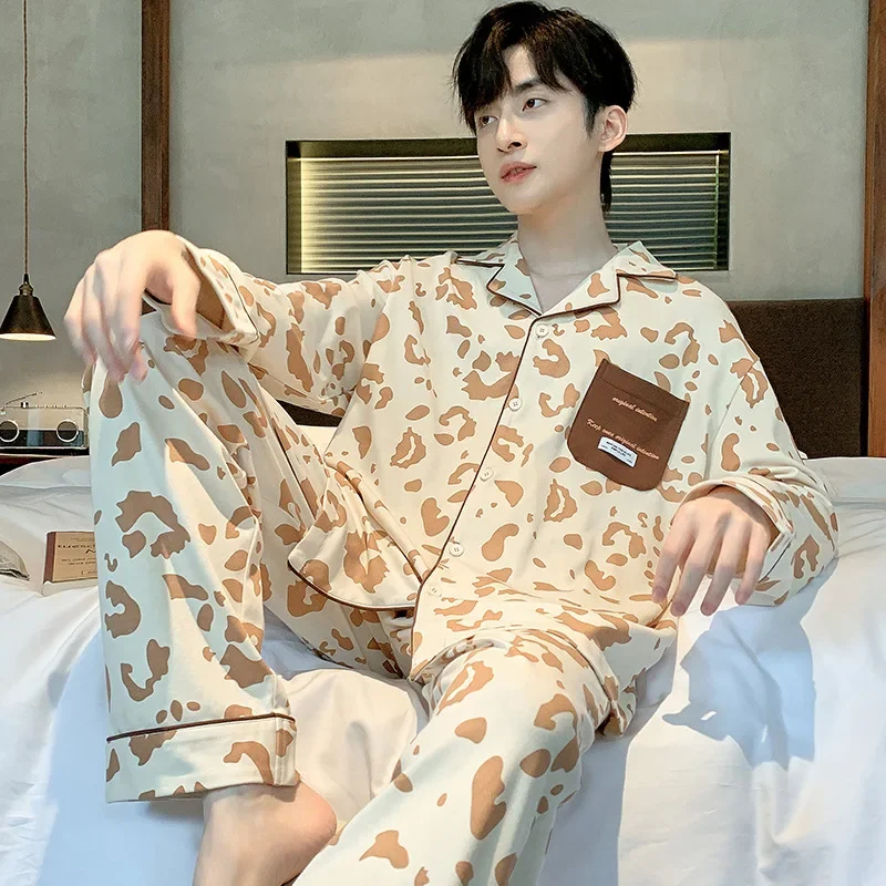 New Men's 2-Piece Pajamas Homewear Men's Spring And Autumn Cotton Large Size L-3XL Pijamas Male Young Cardigan Leisure Homewear