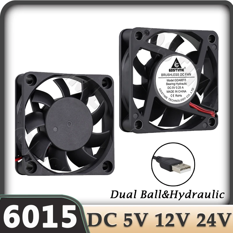 Gdstime 6015 Fan 24V 12V PC Case Fan USB 60MM 60x60x15MM Cooling Fan DC 5V Dual Ball Computer Axial Fan 2PIN Cpu Cooler VAG Fan