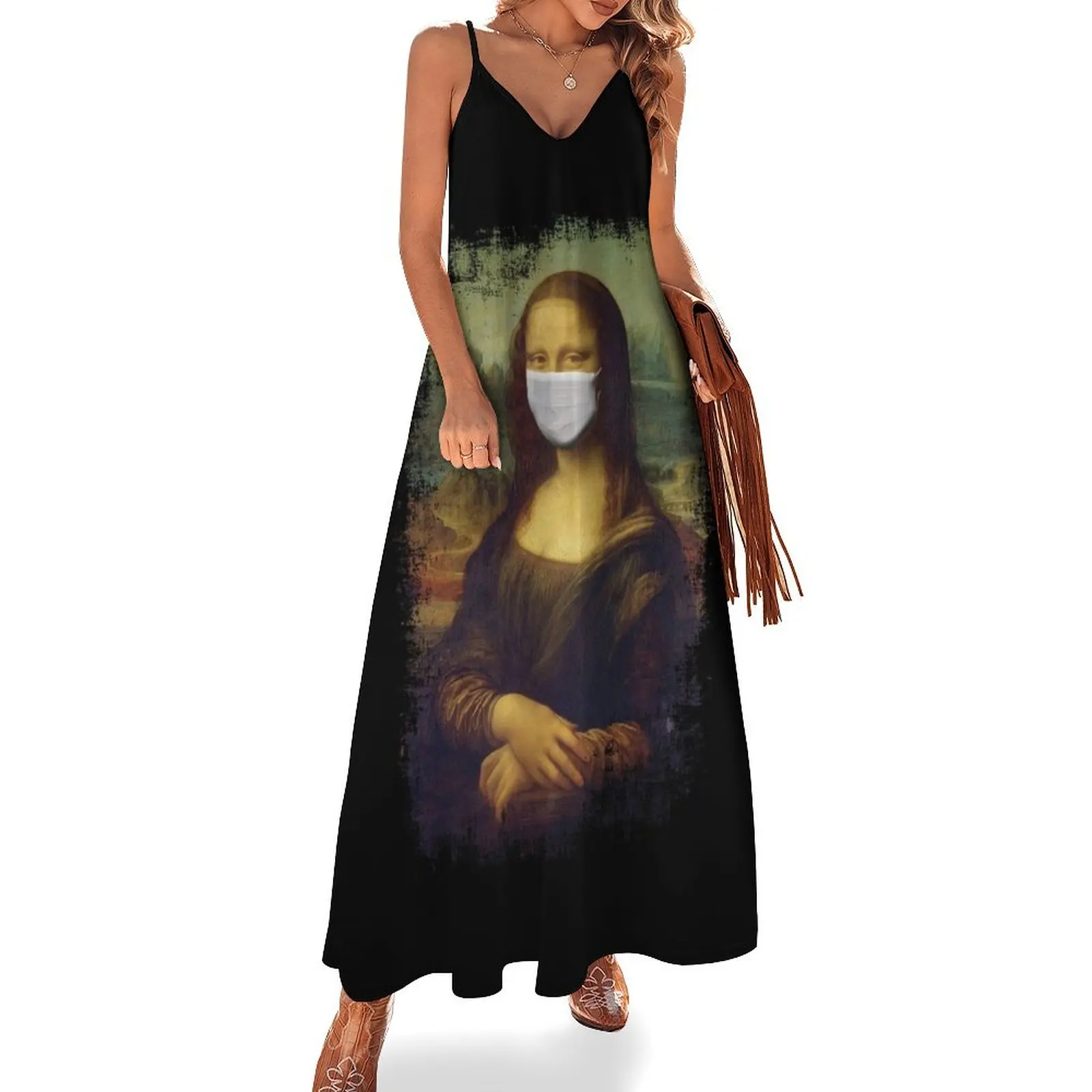 

Retro Vintage Mona Lisa With Mask Sleeveless Dress elegant women's sets prom dresses Dress