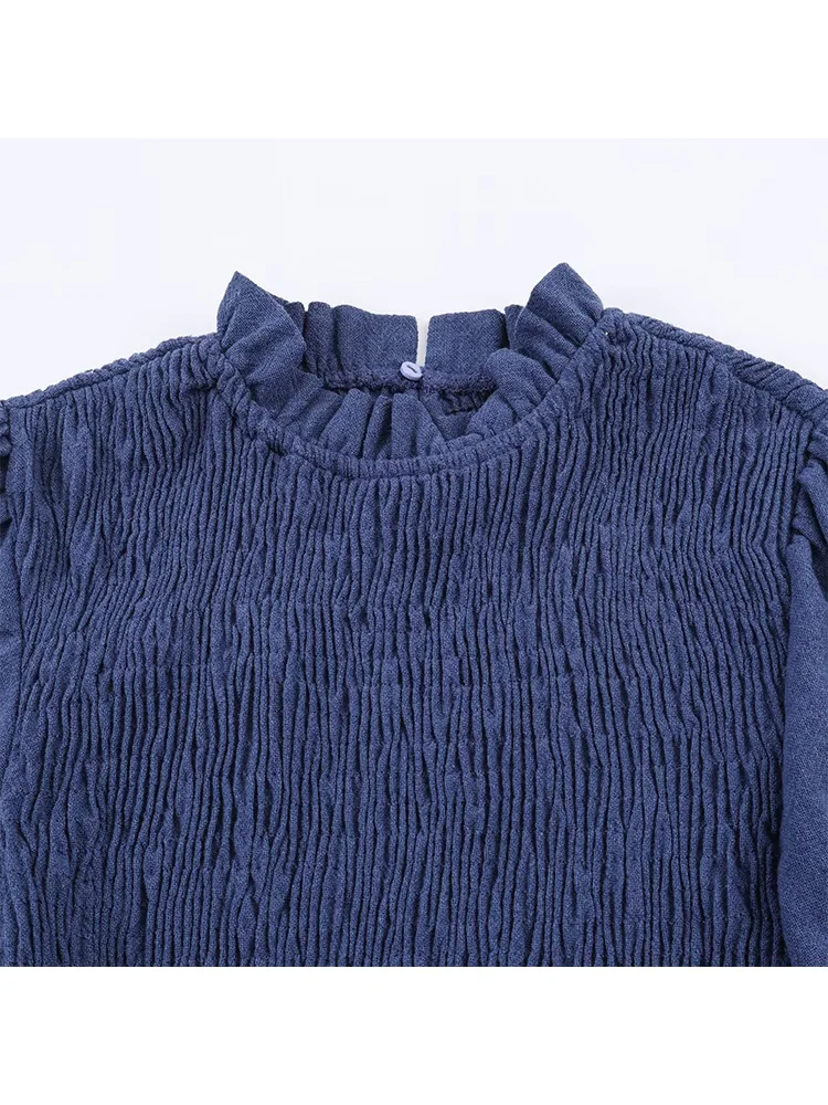 

HH Autumn Women Elegant Princess Sleeve Honeycomb Plaid Slim Round Collar Poplin Shirt Female Pleated Long Sleeve Waist Blouse