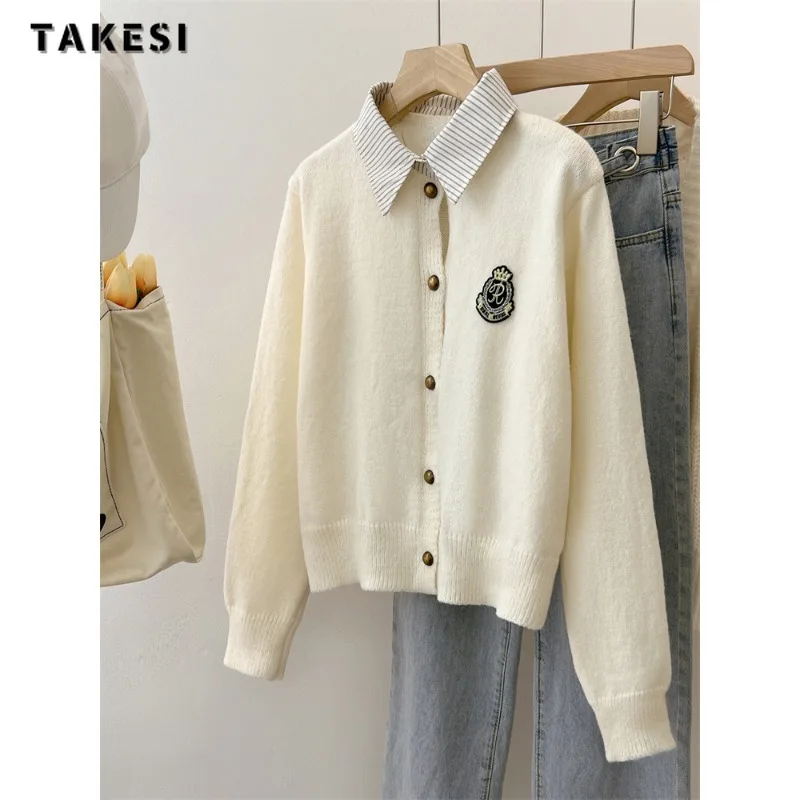 

2023 Winter Casual Preppy Style Turn Down Collar Knitting Long Sleeve Cardigans Women Sweet Appliques Single Breasted Sweater