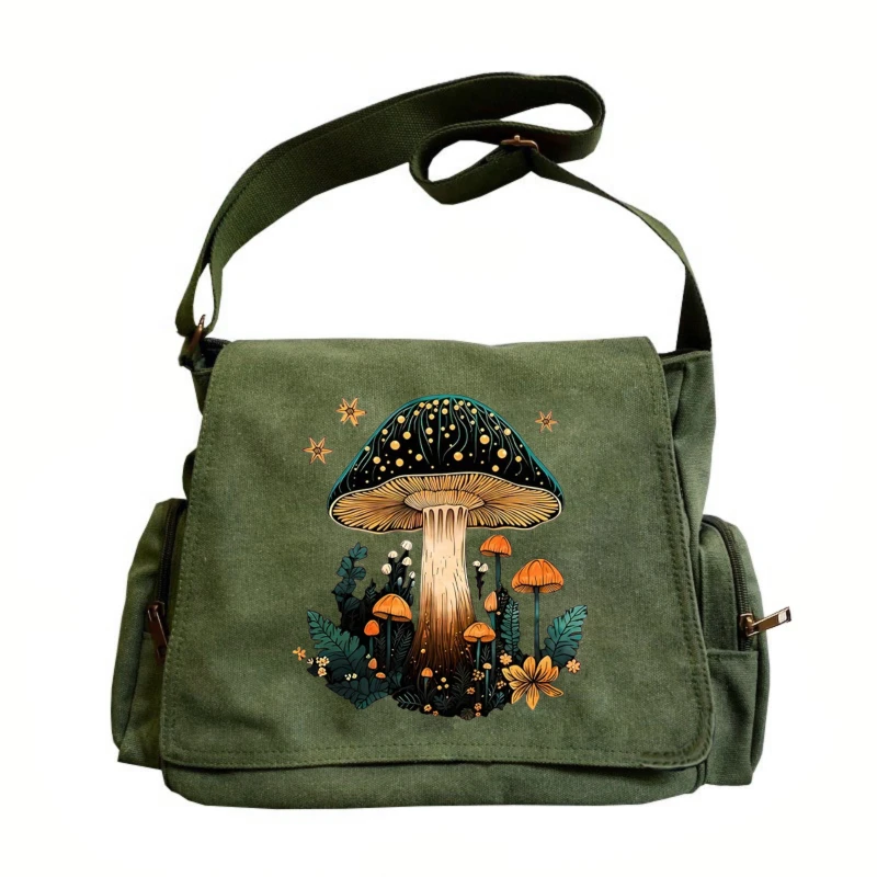 

Retro Women's Shoulder Bag Men's Crossbody Bag Messenger Bag Canvas Mushroom Print Large Capacity Laptop Bag