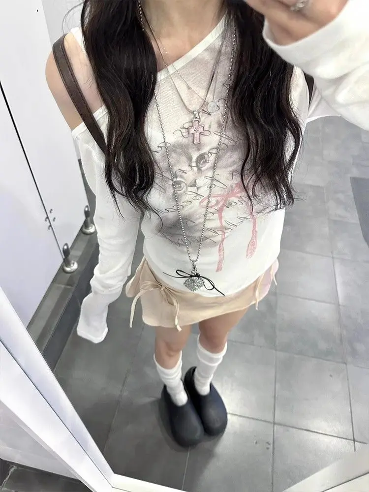 한국 스타일 프린트 마이크로 시스루 원숄더 자외선 차단 커버업 티셔츠 여성 여름 신상 순수한 매력 자외선 차단 어깨 탑