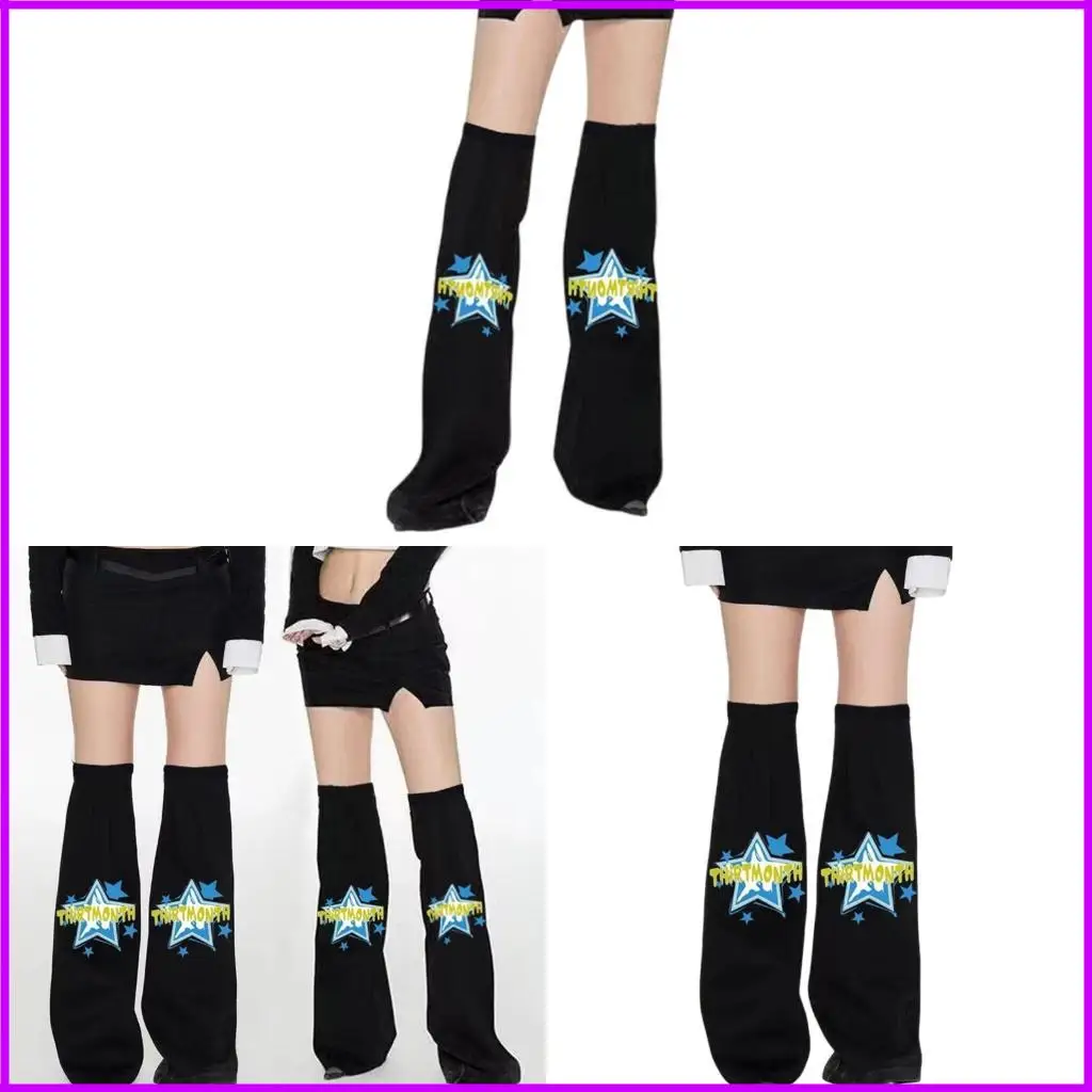 

Overknee Black Denims Leg Sleeves Grunge Star Letters Graphics Flared Leg Warmer