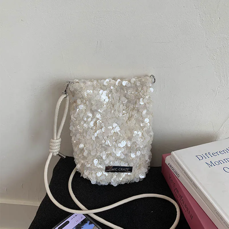 Shiny Sequins Crossbody Bag Women Casual Soft Crossbody Bags Portable Female Daily Commuting Phone Bags Underarm Bucket Pack