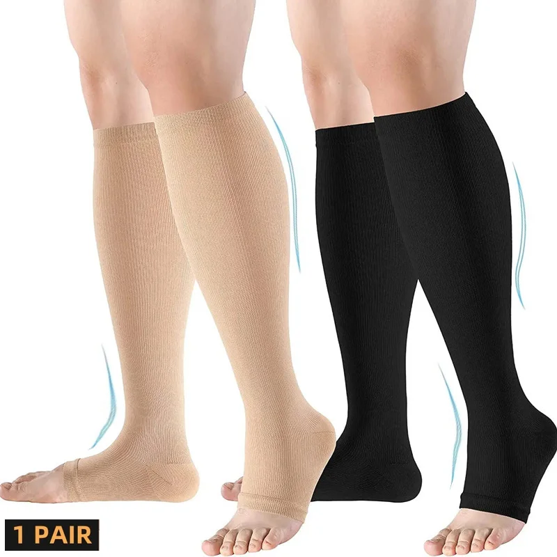 Unisex Calf Compression Stockings Varicose Veins Shaping Graduated Pressure Stockings Elastic Open Toe Knee High Stockings S-XL