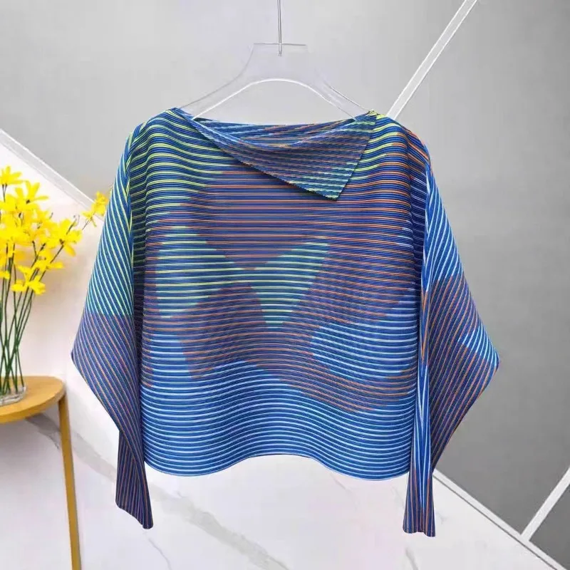 

Miyake со складками, осеннее новое поступление, модный эластичный топ с воротником и принтом, удобная футболка с длинными рукавами, женская офисная одежда, Plisse