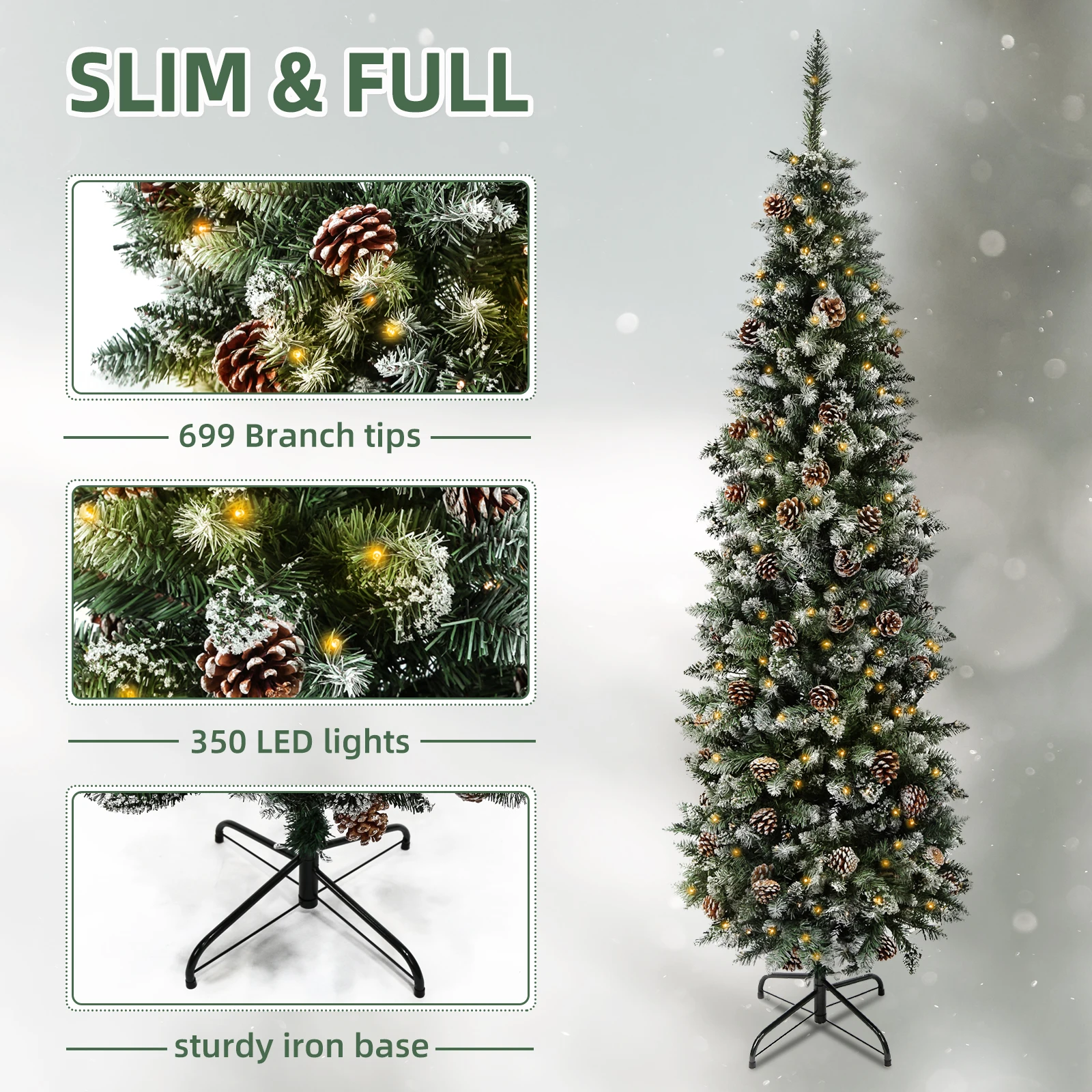 

6.5/7.5 Ft Pre-Decorated Pencil Christmas Tree Pre-Lit Holiday Tree with Clear Lights Collapsible for Easy Storage Pinecones 699