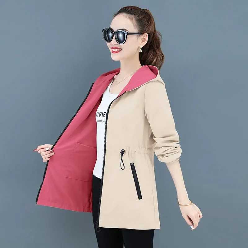 

2022 New Autumn Women's Jacket Double-sided Windbreaker Female Long Sleeve Jackets Hooded Casual Basic Coat Loose Outerwear 4XL