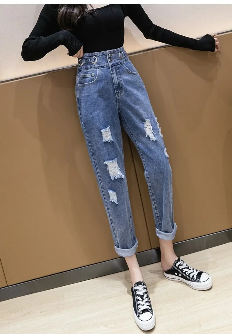 Fashion Vintage Hole Style Jeans Y2k Women Street Indie Loose Straight Pants High Waist 2024 New Spring Autumn Ankle-Length Pant