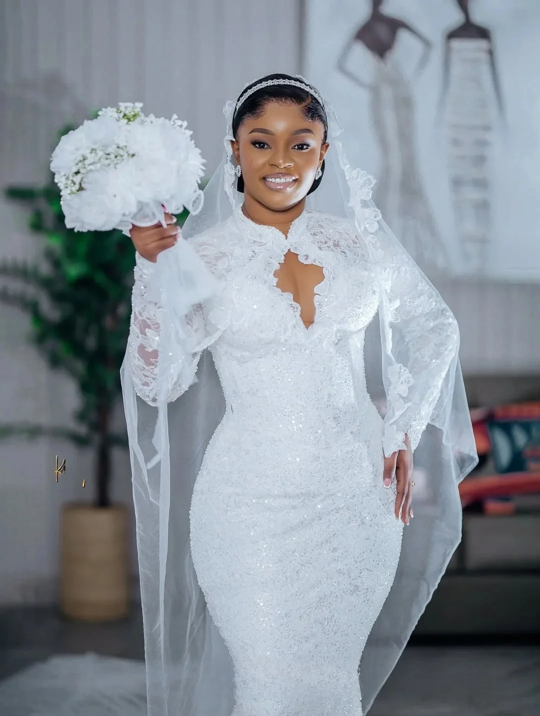 Customized High Collar Hollow Chest  Lace Appliques  Wedding Dress with Removable Skirt  Robe De Mariee  Full Sleeve Bridal Gown