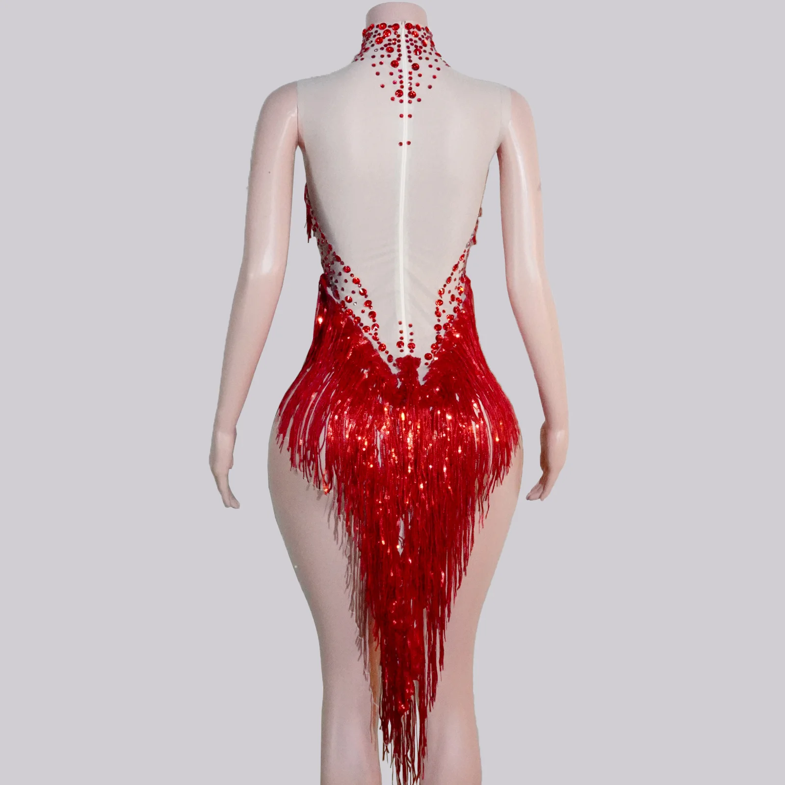New Red Rhinestones Sequins Tassel Mesh See Through Mini Skirt Latin Dance Team Outfit For Birthday Showgirl Stage Costume Dress