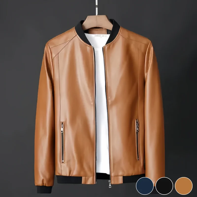 Men's Baseball Collar Pu Leather Jacket, New Spring and Autumn Casual Faux Leather Jacket, Simple Zipper Short Coat