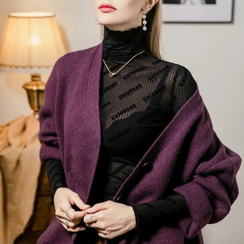 # 4263 Maglietta dolcevita nera da donna Lettere elastiche sottili Vedi attraverso la maglietta da donna Maglietta skinny sexy da donna Primavera Autunno