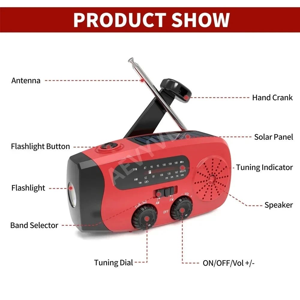 Upgrade Multifunction Radio Hand Crank Solar USB  FM/AM/NOAA WB Weather Radio Emergency Flashlight 2000 mAh Mobile Power