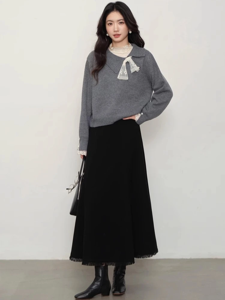 ALXNAN سترات رمادية من الدانتيل المرقعة بياقة مائلة وأزرار فضفاضة تناسب البلوفرات القصيرة بحاشية مرنة ملابس نسائية رومانسية L57319