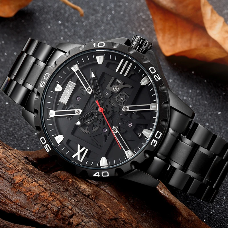 세련된 대형 다이얼, 견고한 스틸 스트립 방수 남성용 손목시계를 갖춘 새로운 기계식 스타일의 트렌디한 쿼츠 시계