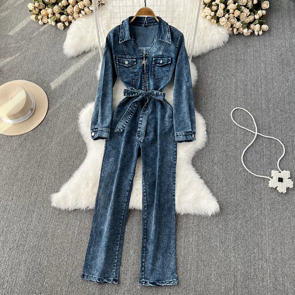 Autumn Workwear Denim Jumpsuits With Belt Female Korean Version Fashion Retro Loose V-neck High Waist Straight Jeans Trousers