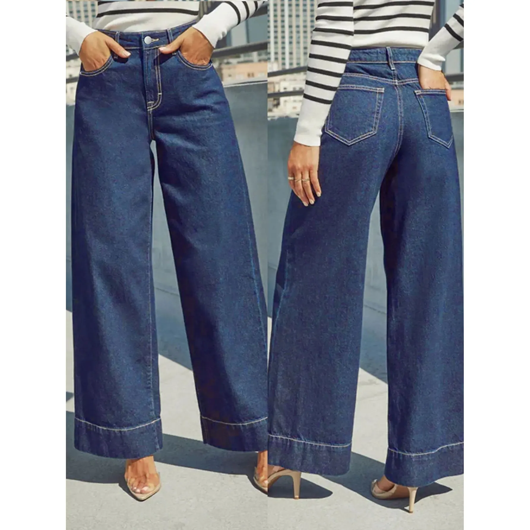 

Classic Blue High Rise Wide Leg Stretch Jeans for Women PU Fabric Ladies Premium Denim High Waist Trousers