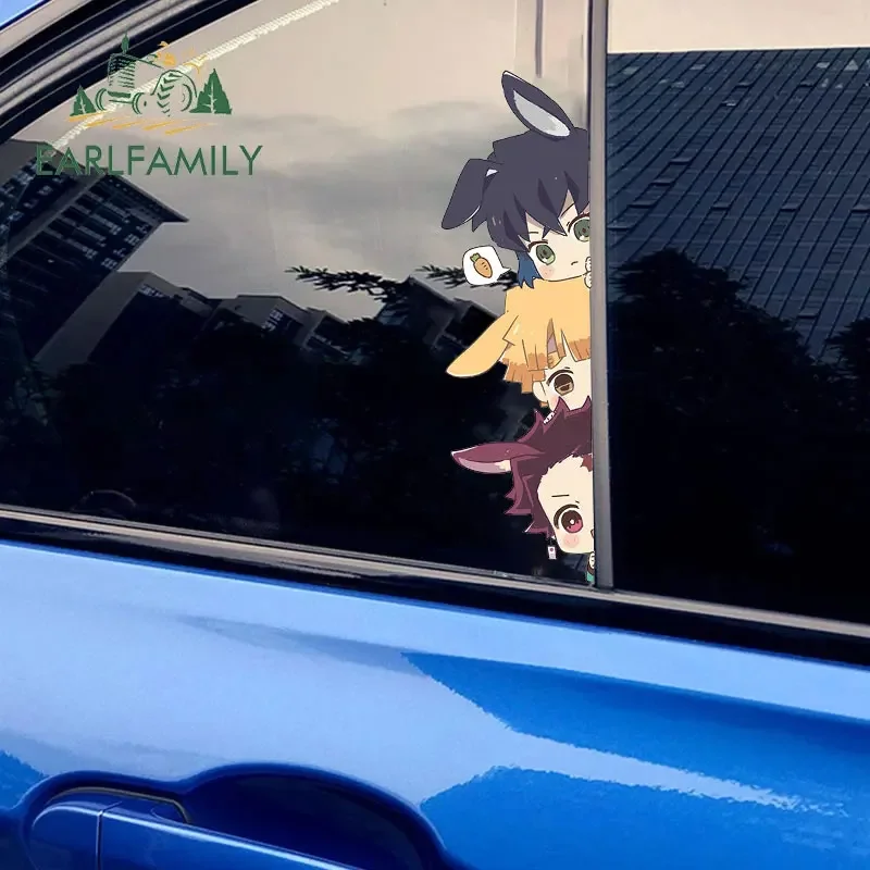 EARLFAMILY 13cm x 3.8cm Bunny Anime Character Peeker Car Stickers Chibi Caravan RV Personality Decal Waterproof Windows Decor