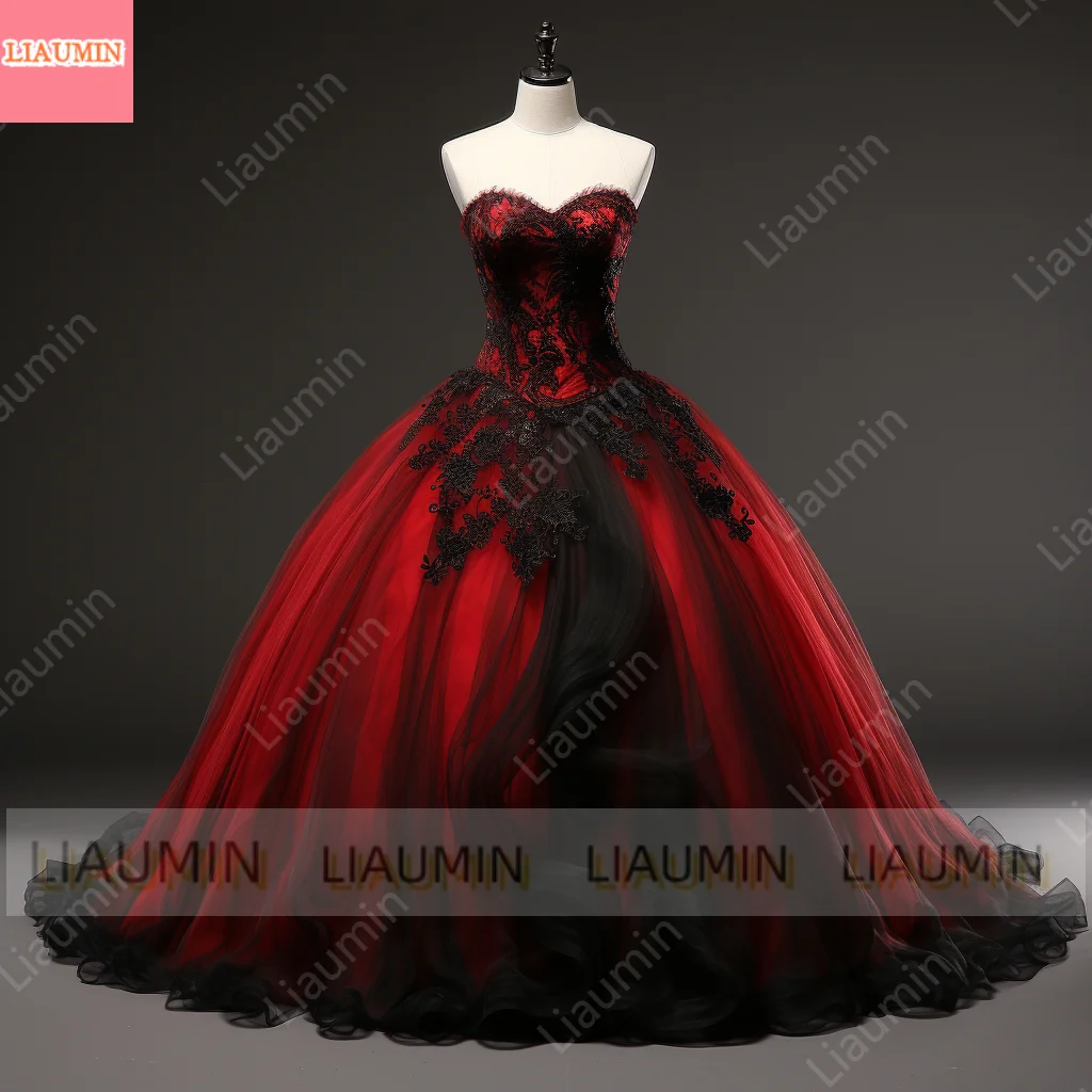 Vestido de noche de longitud completa con encaje en la espalda, tul rojo y negro, apliques de borde de encaje, ocasión Formal, elegante, W1-4