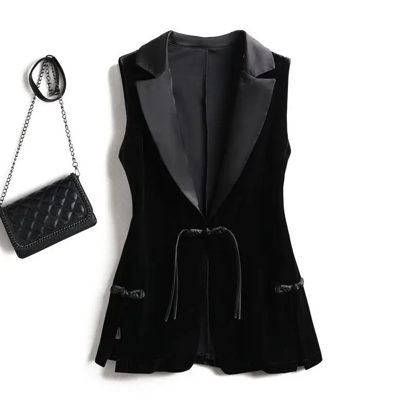 Black Velvet Vest Jacket For Women Sleeveless Blazer Fashion 2026 Spring And AutumnSuit Tank Top  Retro Waistcoat Z2338