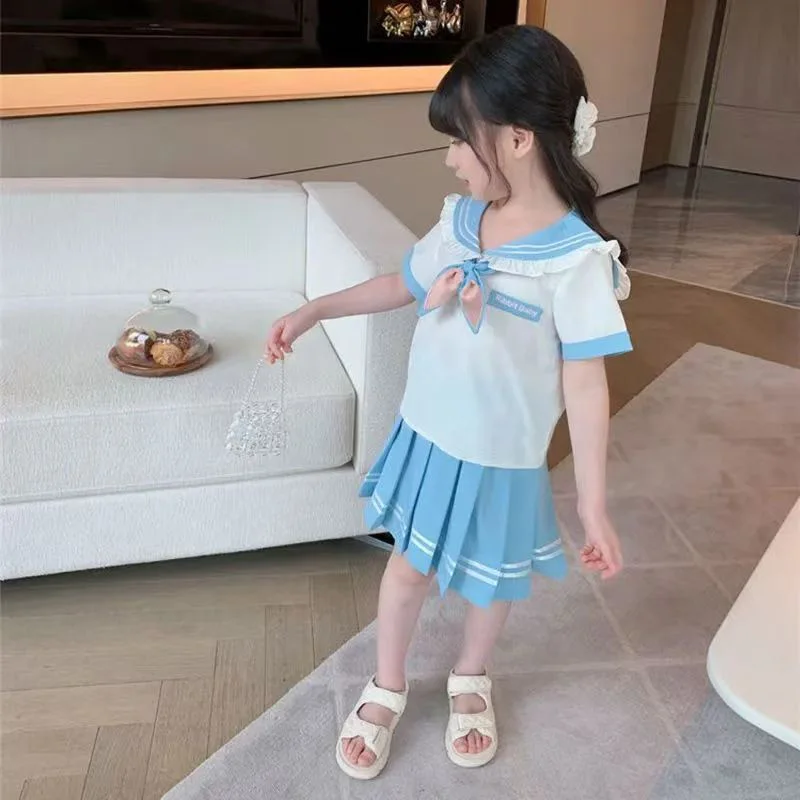 Conjunto de uniforme de estudiante para niños y niñas, camisetas con cuello mandarín JK y faldas plisadas, traje de 2 piezas, uniforme escolar para niños, verano