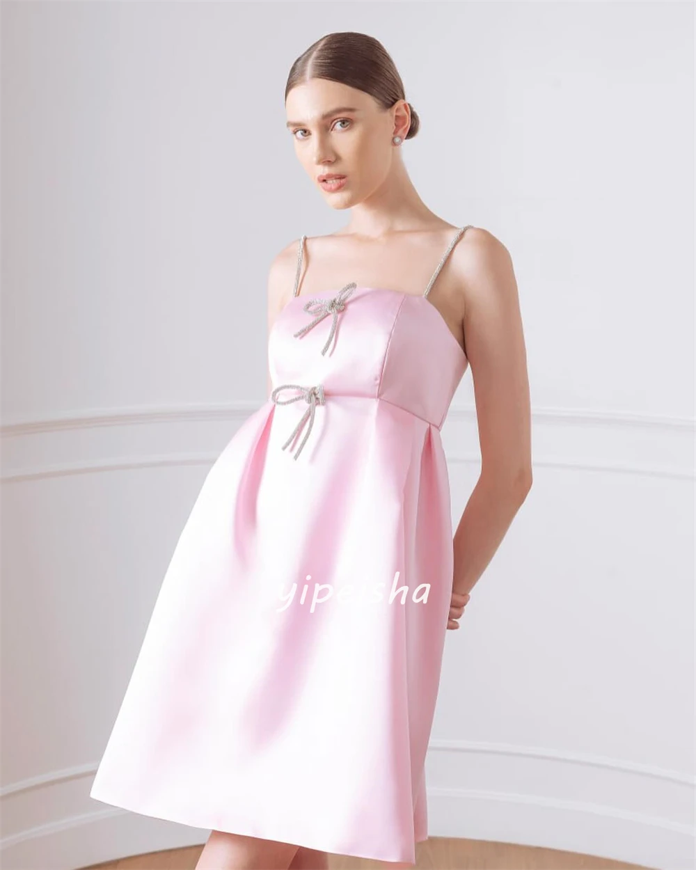 Customized Simple Satin Bow Ruched A-line Spaghetti Strap Strapless Mini Dresses Celebrity Dresses Classic Exquisite Elegant Mat