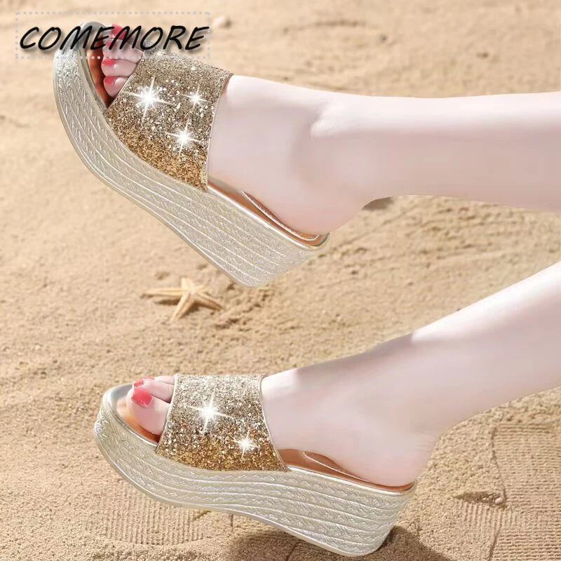 Gold Silver Luxury Sequins Wedges Slippers for Women’s 2024 Summer Open Toe Platform Sandals Woman High Heeled Slides Ladies 40