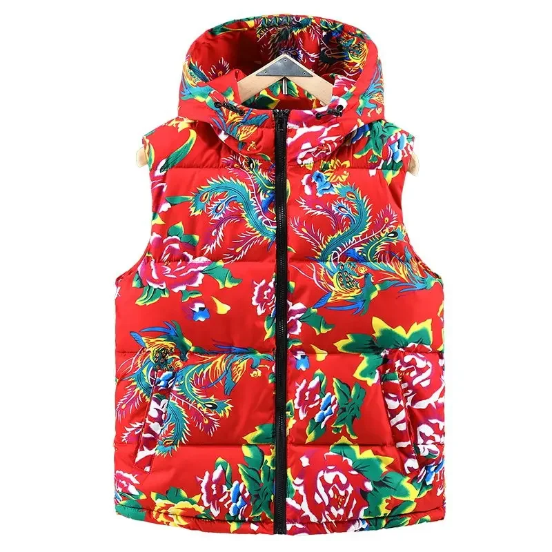 Men Northeast Big Flower Cotton Padded Jackets Autumn Winter Men Hooded Vest Chinese Style Floral Sleeveless Jacket Waistcoats