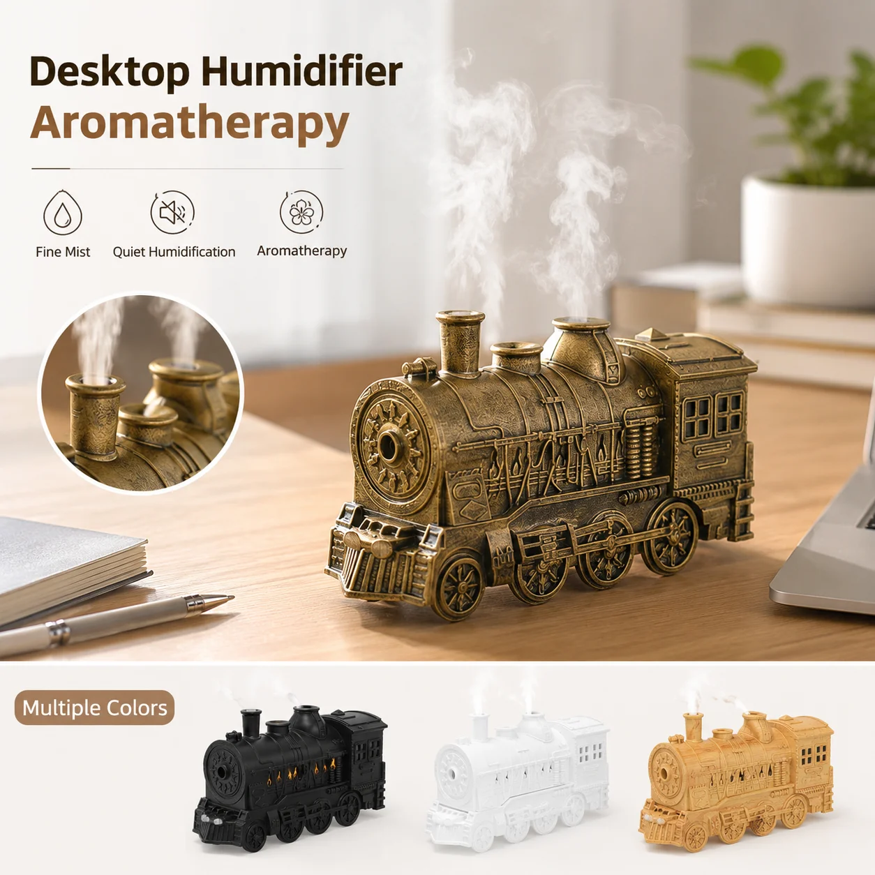 Umidificatore Vintage a Forma di Ferrovia 300ml, Diffusore di Aromi a Nebbia di Medusa, 4 Modalità di Luce LED, Telecomando, Timer, Regalo Creativo pe