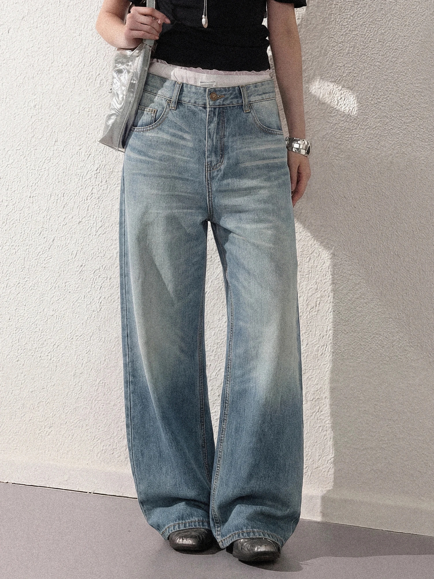 

Neotcg Spring Autumn Straight Leg Light Blue Waed Jeans Women Loose Slim Wide Leg Floor-Length Pants Cotton Denim