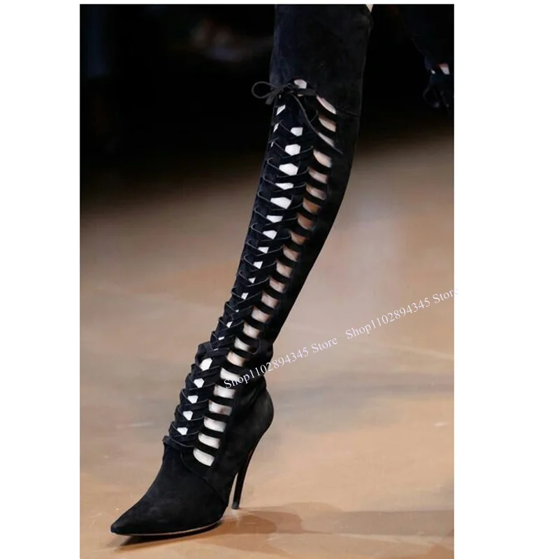 

Black Hollow Lace Up Boots Thin High Heel Over Knee High Fashion Cool Sexy Summer Casual Big Size Woman Shoes Zapatillas Mujer