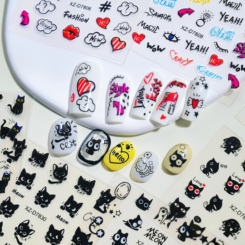 30 Uds. De pegatinas para decoración de uñas de animales con grafiti de dibujos animados, diseño de gato negro/perro/lábios rojos Kawaii, calcomanías para uñas DIY, deslizadores de manicura Punk