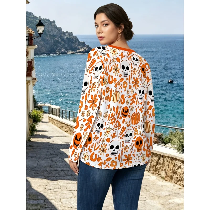 Background Halloween Pumpkin Skull Floral Print Contrast Orange Trim V-Neck Loose Plus Size Long Sleeve Top Casual All-Match