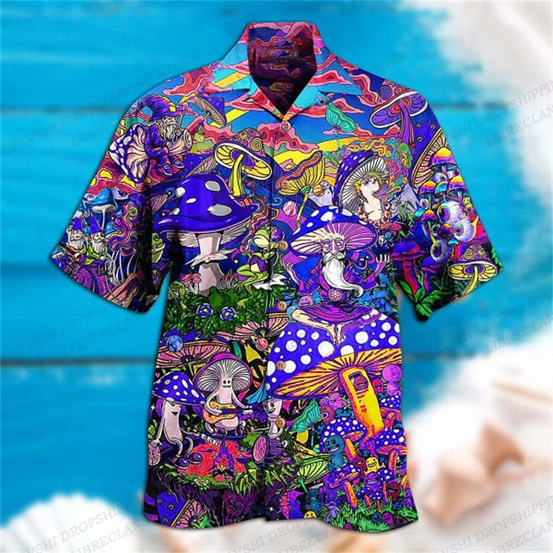 Camisa havaiana com estampa 3D de cogumelo masculino, blusa de praia casual, roupa masculina, Camisas de lapela, moda