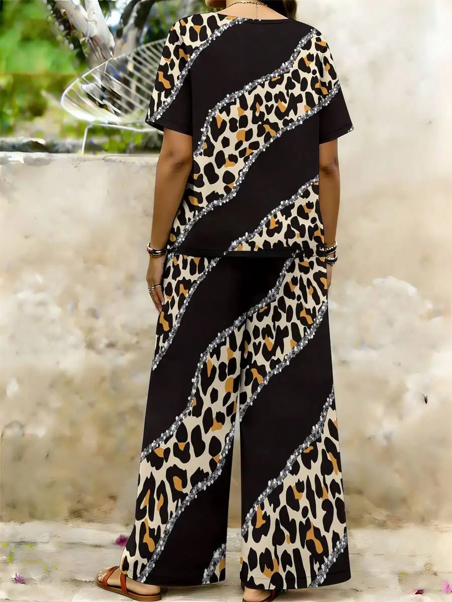 

Womens Plus Size Short Sleeve Leopard Print Two Piece Set Black Beige Casual Loose Comfortable