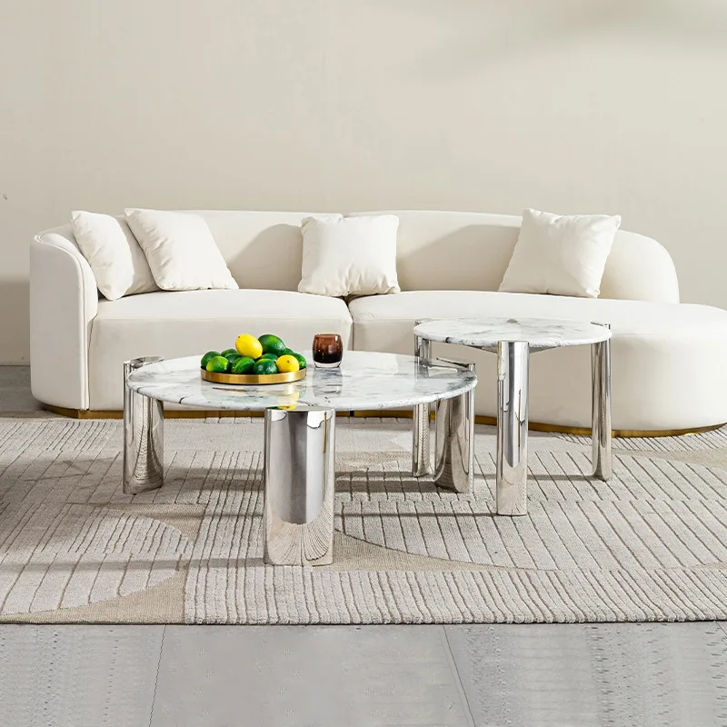 طاولة قهوة رخامية فاخرة وخفيفة الوزن، مجموعة مستديرة لغرفة المعيشة المنزلية، شقة صغيرة، طاولة حديثة بحافة من الفولاذ المقاوم للصدأ #3