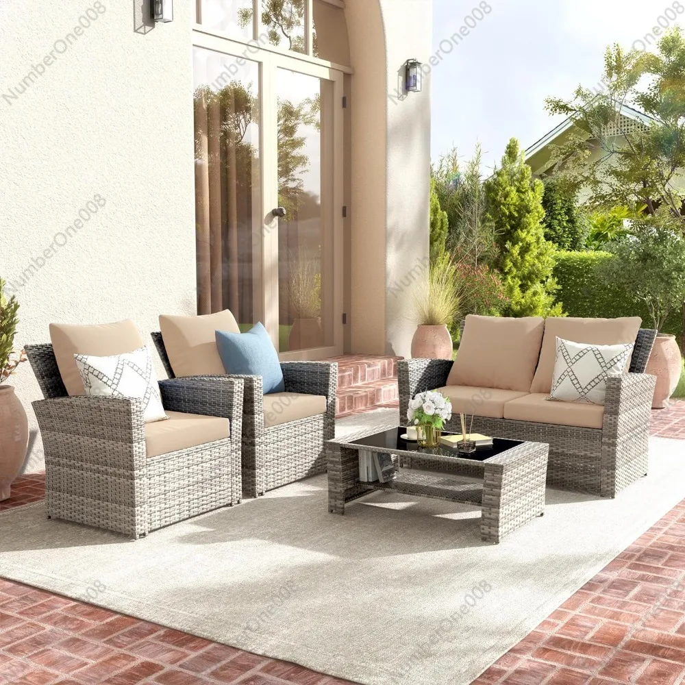 4 Piece Patio Furniture Set Wicker Outdoor Sectional Sofa Sets Gray PE Rattan Patio Conversation Set for Balcony Porch Beige