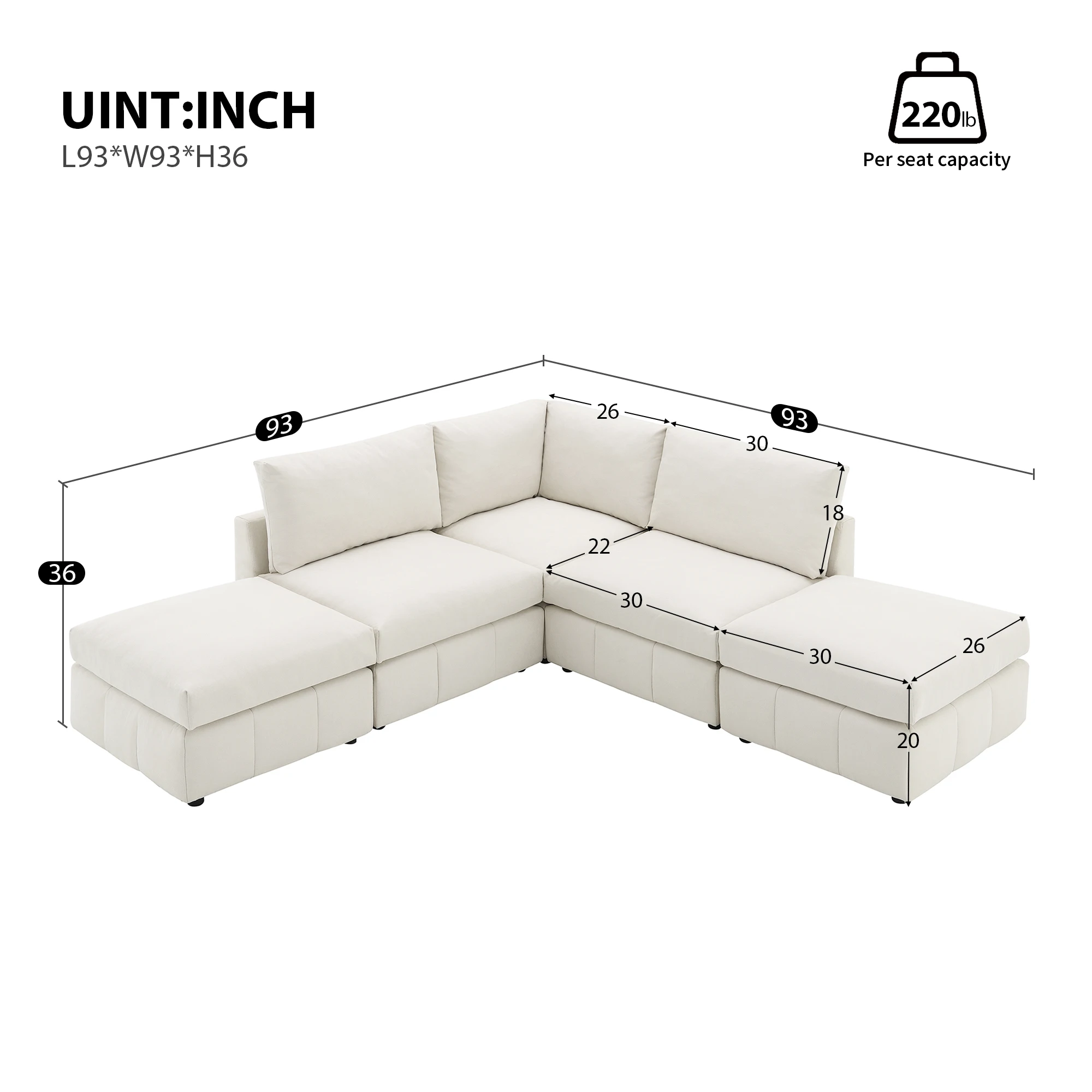 93'' Modern 5-Seat Sectional Sofa with Vertical Stripes, Convertible Ottomans, Modular L-Shaped Couch for Living Room, Apartment