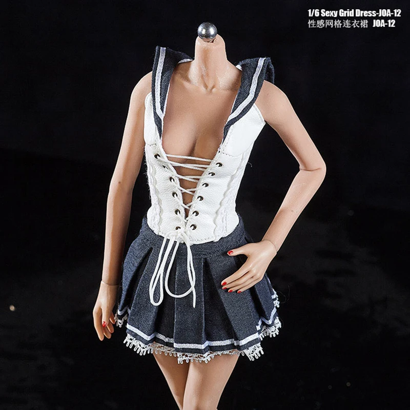 

JOA-12 1/6 Scale Sexy Low Cut Bandage Sleeveless Grid Top Pleated Skirt Dress School Uniform Set for 12 inches Action Figure