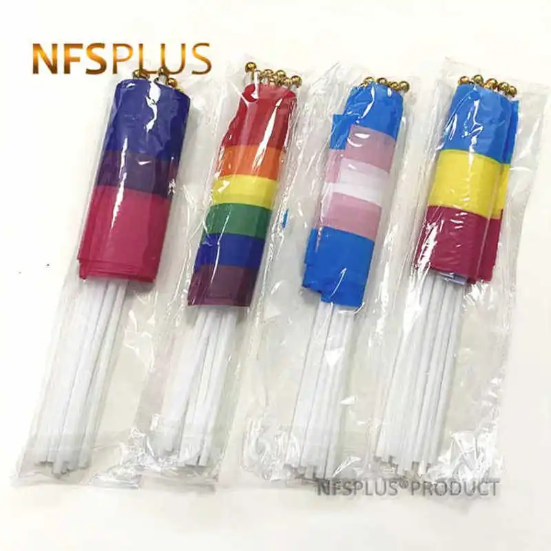 

Hand Held Rainbow Flag LGBT Pride Lesbian Gay Bisexual Transgender Pansexual 14x21cm Banners With Mini Stick Plastic Flagpoles