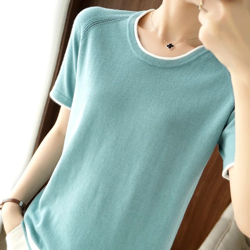 T-shirt women 2022 new round neck sweater casual top women tees slim Korean pullover large size cotton short sleeve hot sale